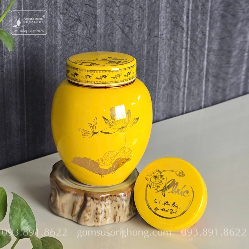 Hũ Sứ Đựng Trà 480ml Màu Vàng Cảnh Hoa Sen