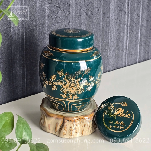 Hũ Sứ Đựng Trà 480ml Xanh Lục Bảo Cảnh Hoa Mẫu Đơn