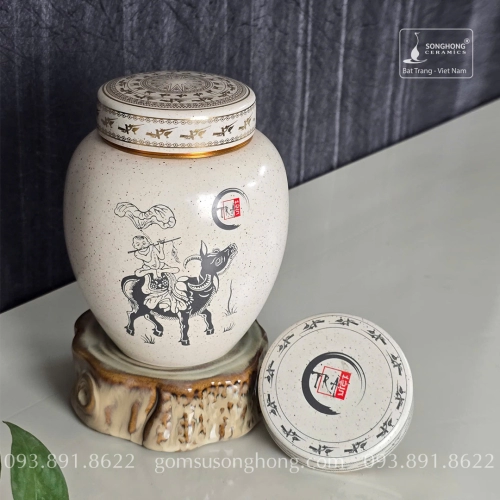 Hũ Sứ Đựng Trà 480ml - Cảnh Tranh Đông Hồ