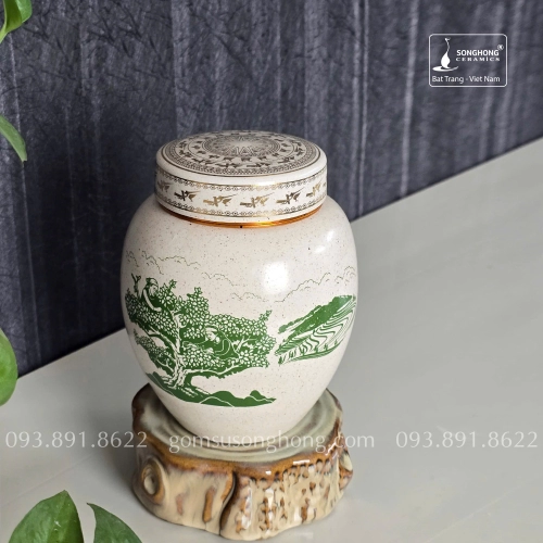 Hũ Sứ Đựng Trà 480ml Men Tiêu Cảnh Trà Cổ Thụ