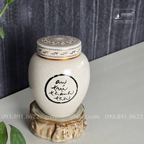 Hũ Sứ Đựng Trà 480ml Men Tiêu - Thư Pháp