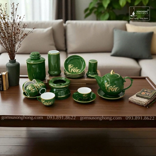 Bộ Trà Chữ Phúc Cây Tre Vàng Kim Kèm Phụ Kiện - Mẫu 1