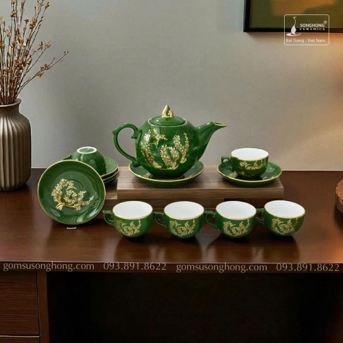 Bộ Trà Chữ Lộc Hoa Đào Vàng Kim - Mẫu 1