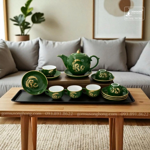 Bộ Trà Chữ Thọ Cây Tùng Vàng Kim - Mẫu 1