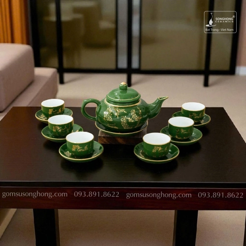 Bộ Trà Chữ Lộc Hoa Đào Vàng Kim - Mẫu 2