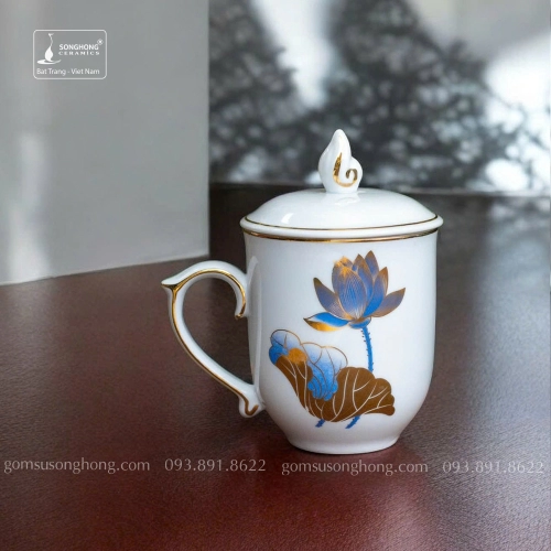 Cốc (Ca) Sứ Trắng 350ml - M3 Sen Vàng Kim