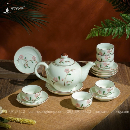 Bộ Trà (Ấm Chén) Vẽ Đào Hồng 350ml - Mẫu 1