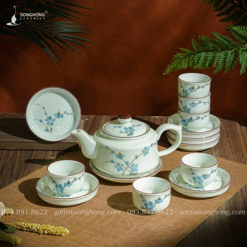 Bộ Trà (Ấm Chén) Vẽ Đào xanh 450ml - Mẫu 3