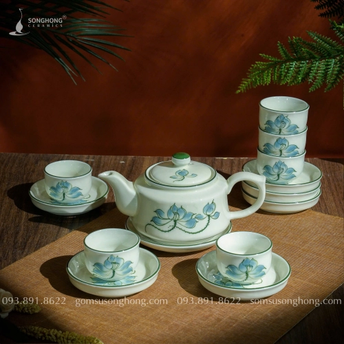 Bộ Trà (Ấm Chén) Vẽ Sen Xanh 450ml - Mẫu 3