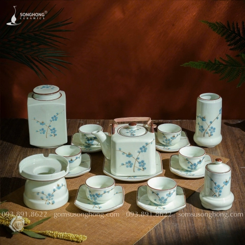 Bộ Trà (Ấm Chén) Kèm Phụ Kiện Vẽ Đào Xanh 500ml - Mẫu 4