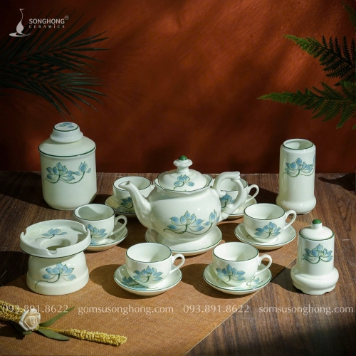 Bộ Trà (Ấm Chén) Vẽ Sen Xanh 600ml - Mẫu 6