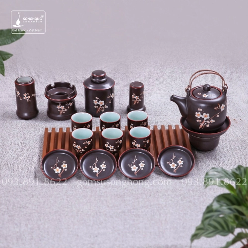 Bộ Trà (Ấm Chén) Khắc Tay Men Nâu Hoa Đào 400ml Kèm Phụ Kiện - Mẫu 1