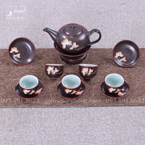 Bộ Trà (Ấm Chén) Khắc Tay Men Nâu Hoa Đào 300ml - Mẫu 2