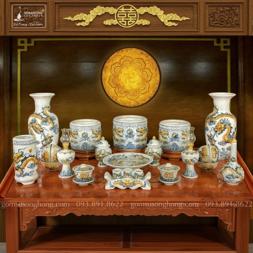 Bộ Đồ Thờ Gia Tiên Men Rạn Đắp Nổi - Ban Thờ 1m75