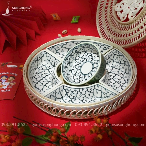 Bộ Khay Đựng Mứt Tết Vẽ Hoa Bèo Xanh Đồng - Mẫu 03