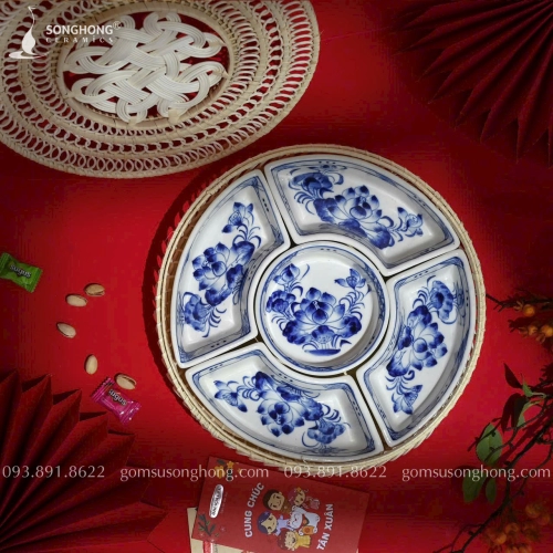 Bộ Khay Bánh Trôi Nắp Mây Vẽ Hoa Sen Xanh - Mẫu 07