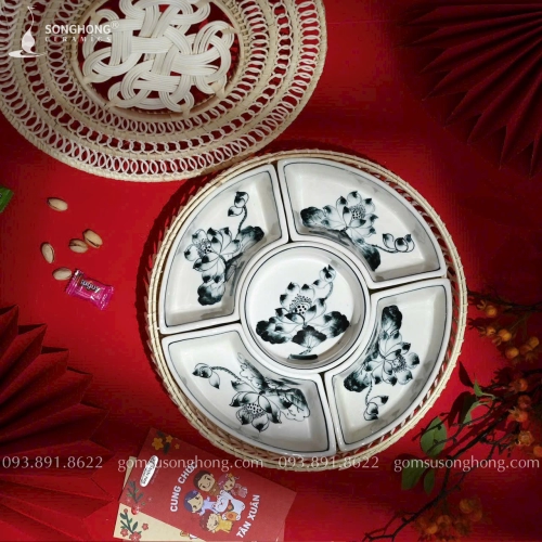 Bộ Khay Gốm 5 Ngăn Đựng Chè Vẽ Sen Tràm - Mẫu 09