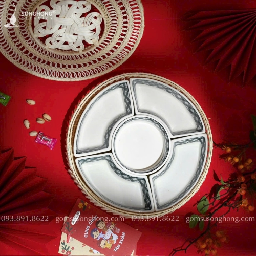 Bộ Khay Mây Đựng Bánh Trôi Vẽ Tay Viền Lá Gốm Bát Tràng - Mẫu 11