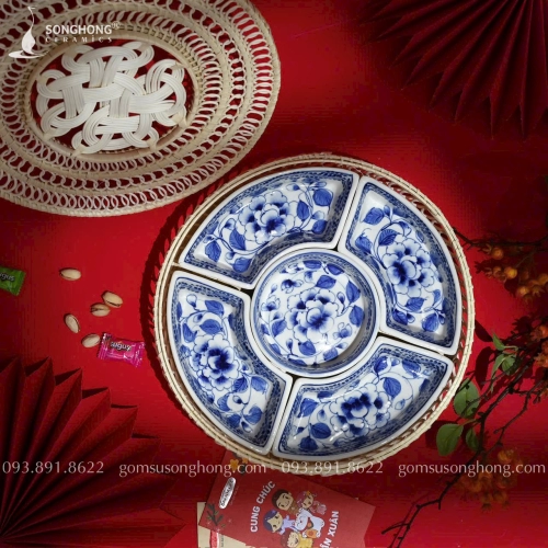 Bộ Khay Gốm Đựng Bánh Trôi Vẽ Hoa Mẫu Đơn Dây Lá Gốm Bát Tràng - Mẫu 15