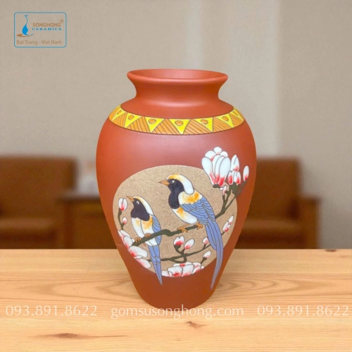 Bình Hoa Gốm Đất Đỏ Khắc Màu Nổi - Mẫu 14
