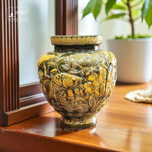Bình Hoa Gốm Sen Cá Khắc Tay Men Hoàng Thổ - Mẫu 4