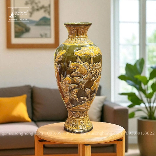 Mai Bình Khắc Tay Sen Cá Men Hoàng Thổ - Mẫu 6