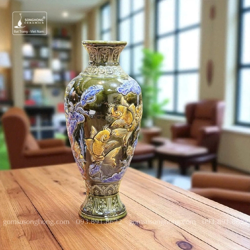 Mai Bình Sen Cá Men Hoàng Thổ Khắc Tay Mix Màu - Mẫu 7