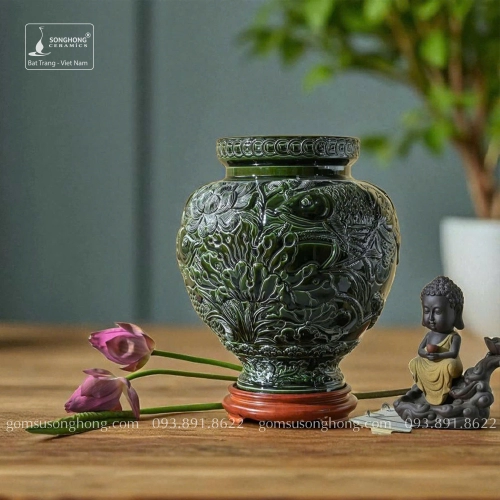 Bình Hoa Gốm Sen Cá Khắc Tay Men Hoàng Thổ Xanh Lục - Mẫu 8