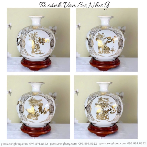 Bình Hút Lộc Sứ Trắng Vẽ Vàng Kim Vạn Sự Như Ý - Mẫu 3
