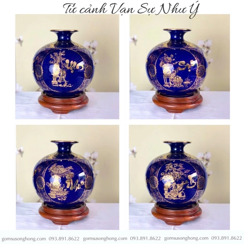 Bình Gốm Hút Lộc Xanh Cửu Long Vạn Sự Như Ý Vẽ Vàng Kim - Mẫu 6