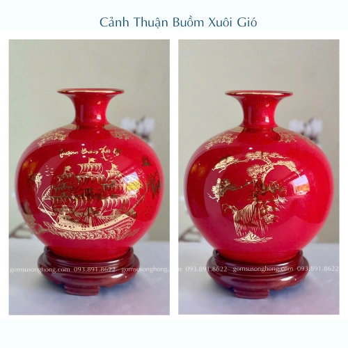 Bình Gốm Hút Lộc Màu Đỏ Thuận Buồm Xuôi Gió Vẽ Vàng Kim - Mẫu 9