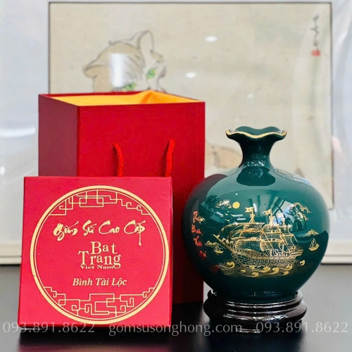Bình Gốm Hút Lộc Miệng Lượn Thuận Buồm Xuôi Gió Vẽ Vàng Kim - Mẫu 10