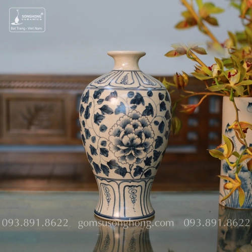 Bình Hoa Gốm Men Rạn Giả Cổ Vẽ Tay Hoa Mẫu Đơn - Mẫu 3