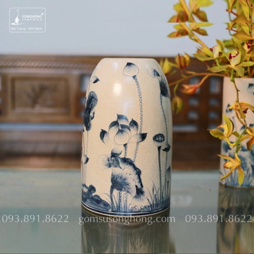 Bình Hoa Gốm Men Rạn Giả Cổ Vẽ Tay Hoa Sen - Mẫu 4