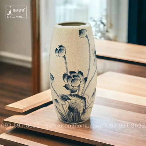Bình Hoa Gốm Men Rạn Giả Cổ Vẽ Tay Hoa Sen - Mẫu 6