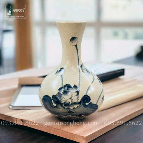 Bình Tỏi Gốm Men Rạn Giả Cổ Vẽ Tay Hoa Sen - Mẫu 09