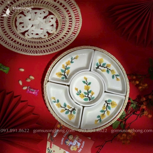 Bộ Khay Đựng Bánh Kẹo Mứt Tết Vẽ Hoa Mai - Mẫu 05