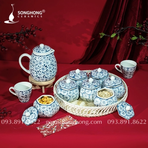 Bộ 7 Hũ Mứt Lục Giác Vẽ Tay M06 - Kèm Khay Mây