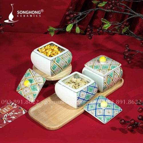 Bộ 3 Hũ Mứt Vuông Vẽ Tay M08 - Kèm Khay Gỗ