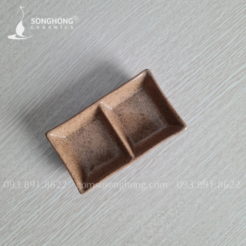 Sauce Dish / Đĩa Vuông Sốt Gốm 2 Ngăn Nâu Cát
