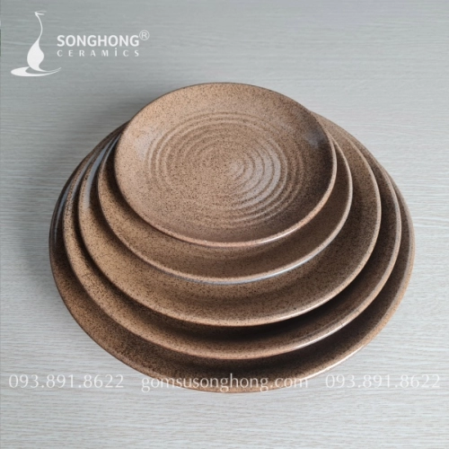 Đĩa Gốm Tròn Men Nâu Cát