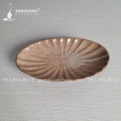 Đĩa Oval Gốm Men Nâu Cát