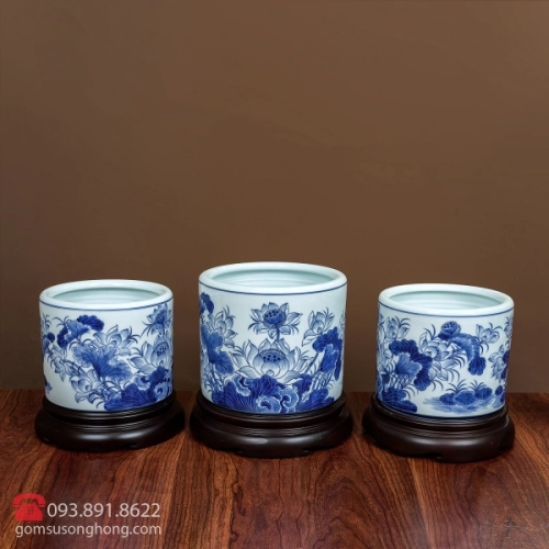 Bộ Bát Hương Vẽ Sen - Men Rong Cổ Truyền