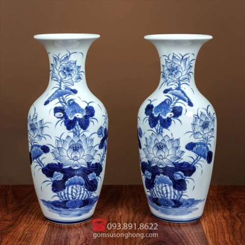 Lọ Lộc Bình Vẽ Hoa Sen - Men Rong Cổ Truyền