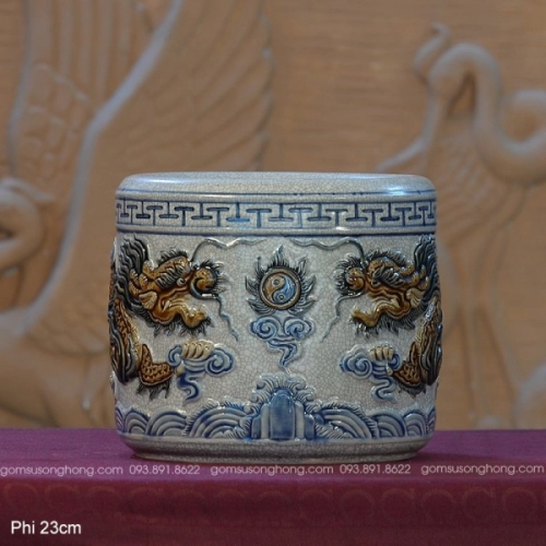 Bát Hương Men Rạn 23cm Đắp Nổi Song Long Chầu Nguyệt