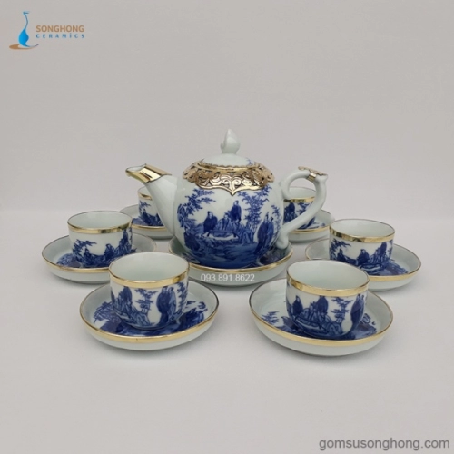 Bộ Trà (Ấm Chén) Vẽ Tay Truyền Thống - Bọc Đồng - Mẫu 5