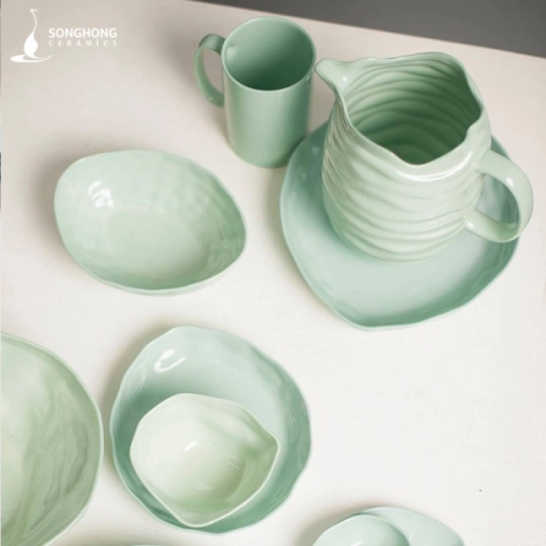 Bộ Bát Đĩa Nặn Tay - Màu Xanh Ngọc