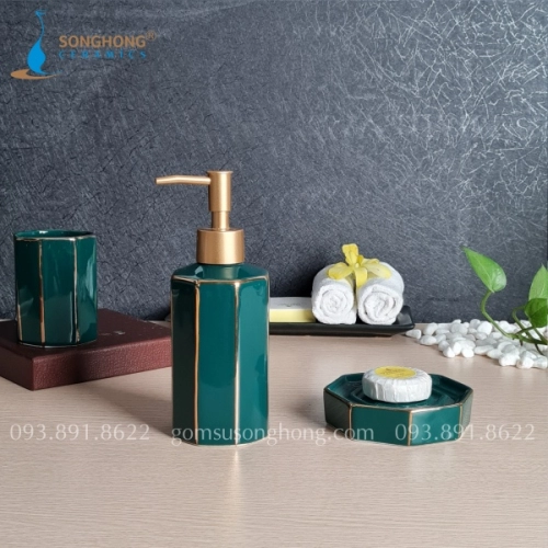Bình Gốm Bát Giác Đựng Sữa Tắm Dầu Gội 300ml - M12 Viền Vàng Kim
