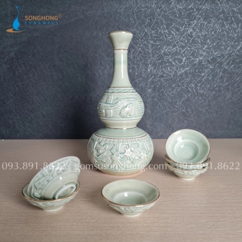 Bộ Bình Rượu Gốm Trống Đồng Đông Sơn 1.2L - M2 Vàng Kim